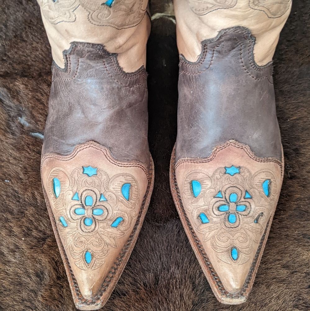 CORRAL C1620 laser tooled tan & turquoise snip toe cowgirl western boots sz 9.5 - Picture 11 of 16